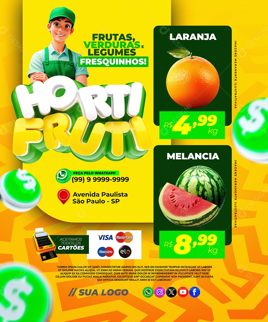 Encarte Publicitário Horti Fruti com Produtos Naturais e Fundo Amarelo PSD Editável