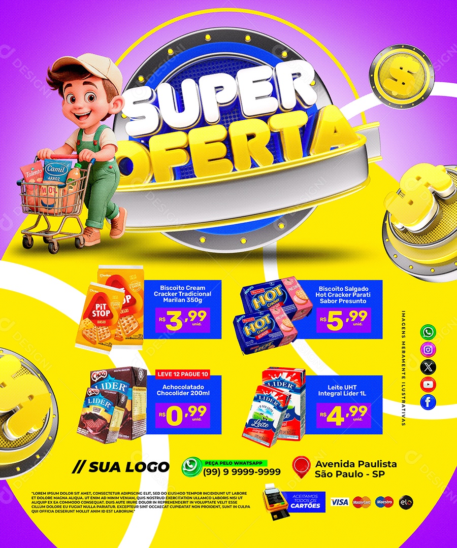 Encarte Comercial com Diversos Produtos em Promoção e Fundo Amarelo PSD Editável