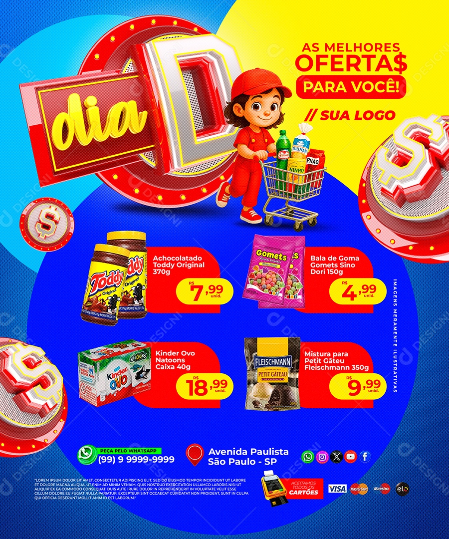 Encarte Publicitário “Dia D” com Vários Produtos e Preços Promocionais PSD Editável