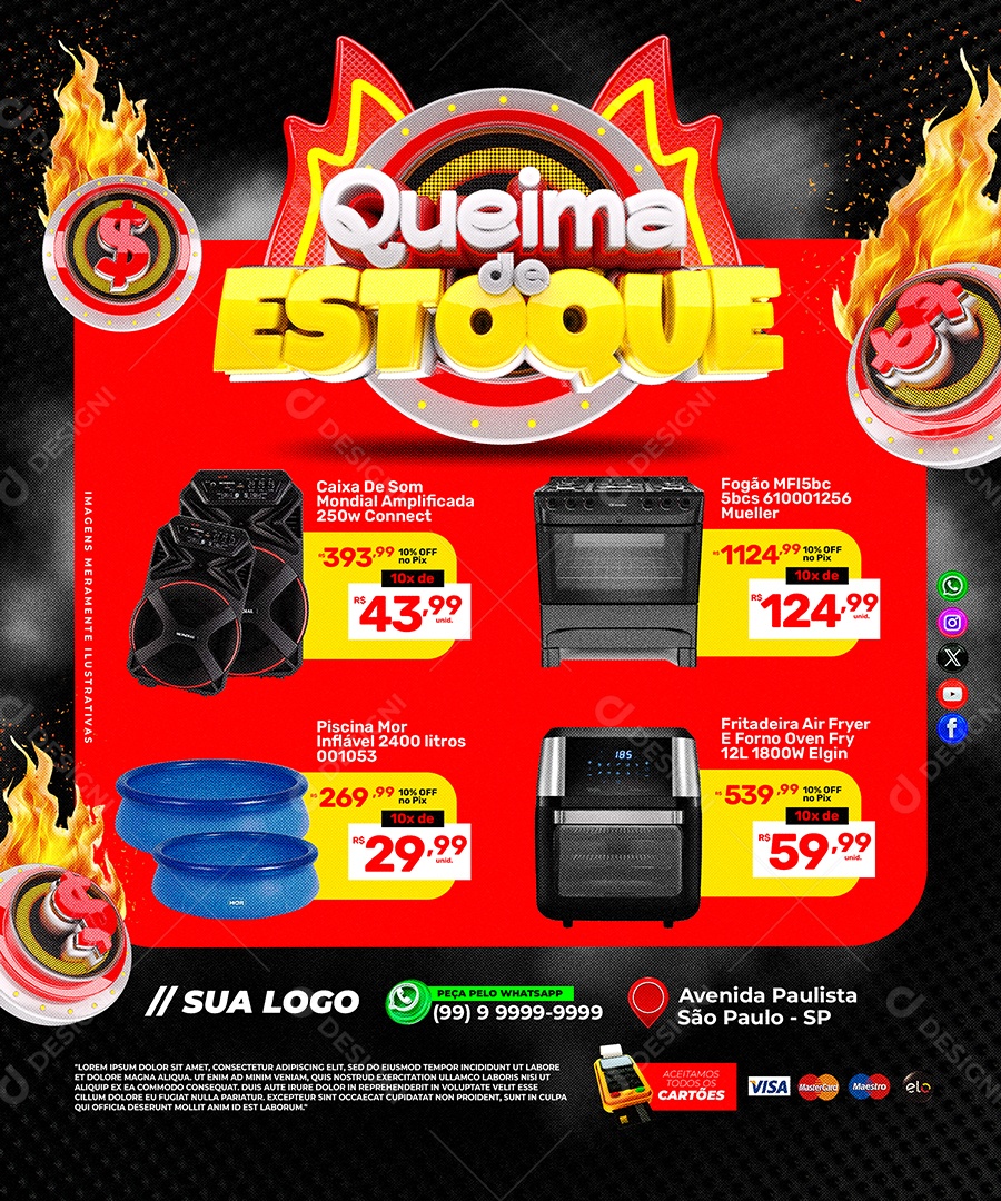 Encarte de Liquidação Queima de Estoque com Produtos e Preços Promocionais PSD Editável