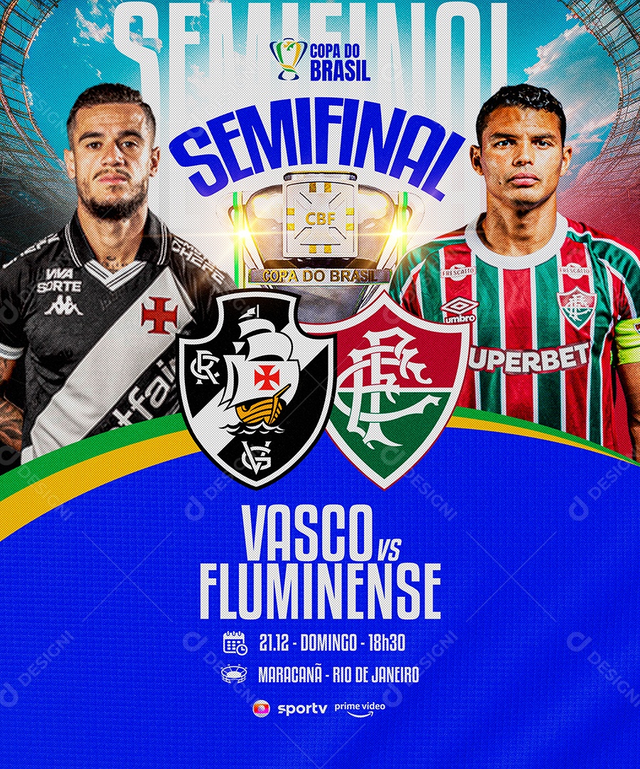 Esportivo Vasco vs Fluminense com Fundo Azul e Detalhes Gráficos PSD Editável