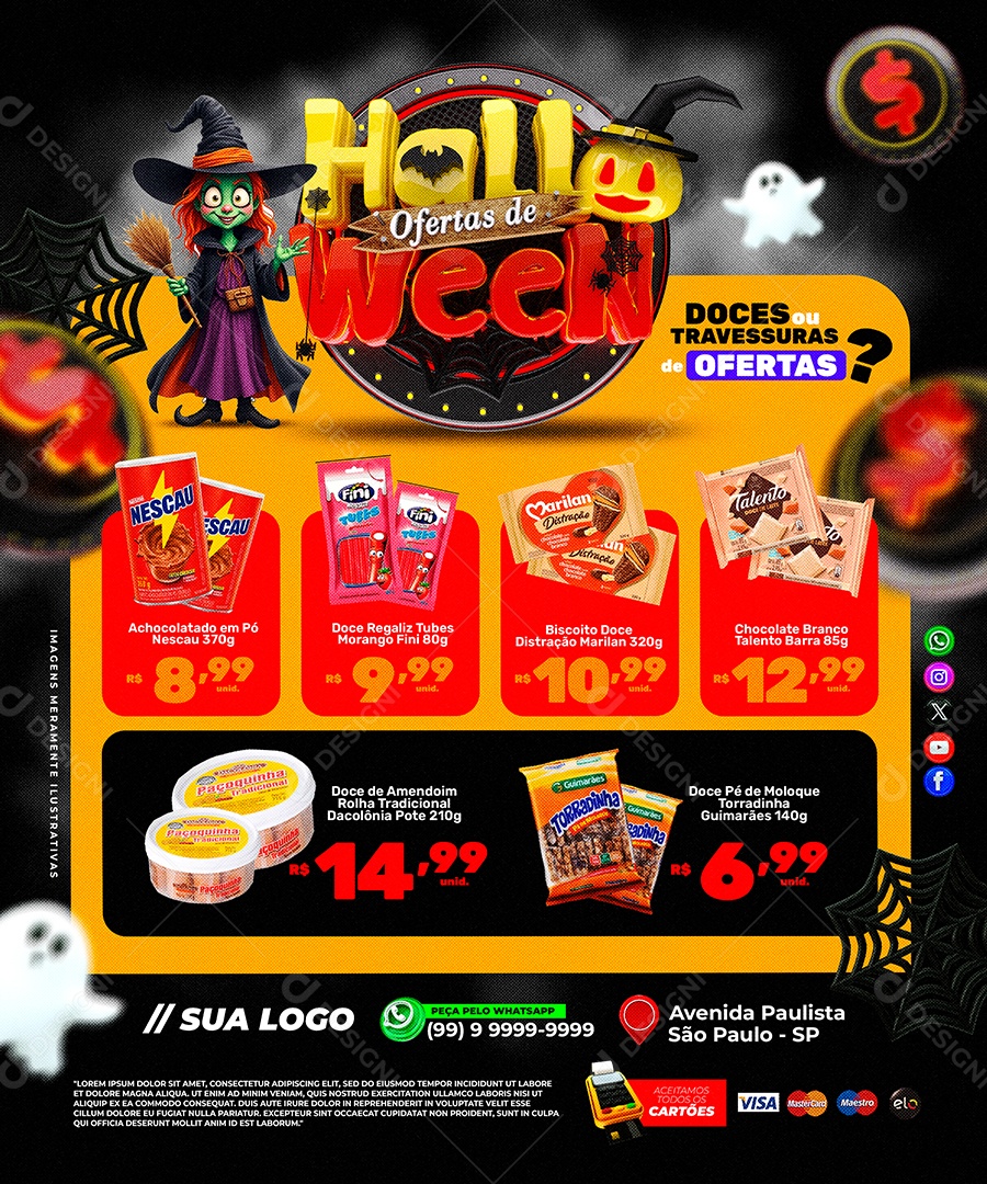 Encarte Promocional de Halloween com Doces e Ofertas Especiais PSD Editável