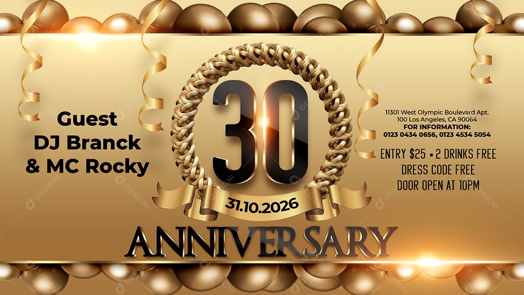 Banner de Festa “Aniversário 30 Anos” com Fundo Dourado e Decoração Luxuosa PSD Editável