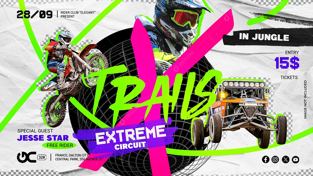 Banner de Evento “Trilha Extrema” com Motos e Carros Off-Road em Fundo Neon PSD Editável