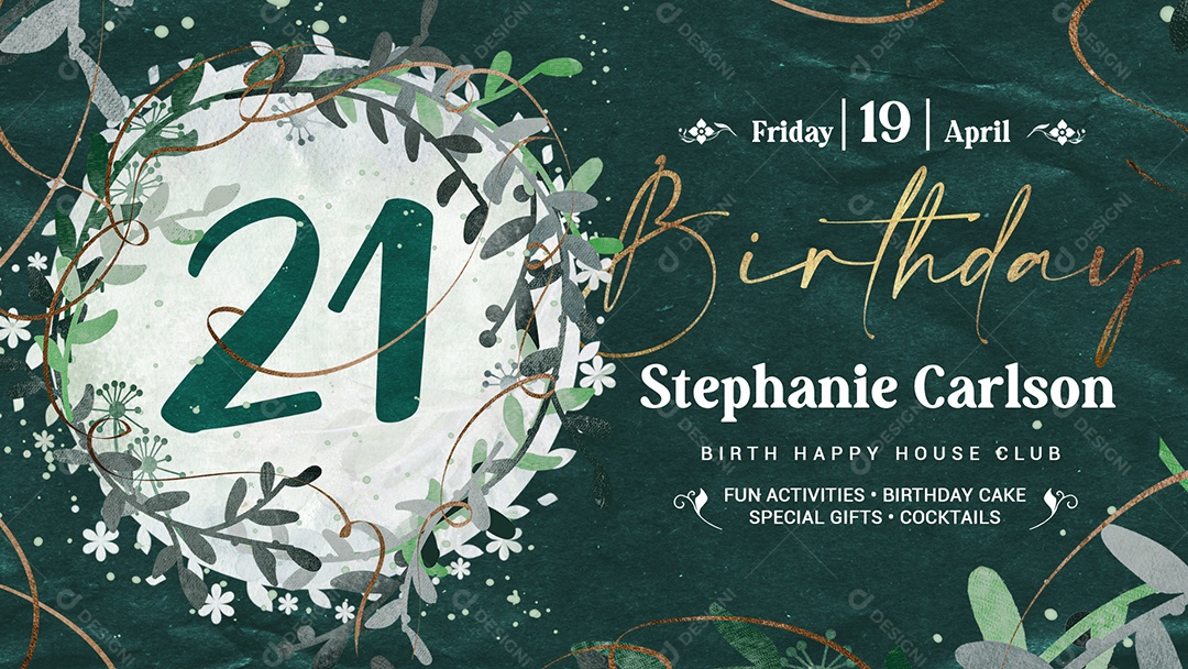 Banner de Festa “21 Anos” com Fundo Verde Floral e Detalhes Elegantes PSD Editável
