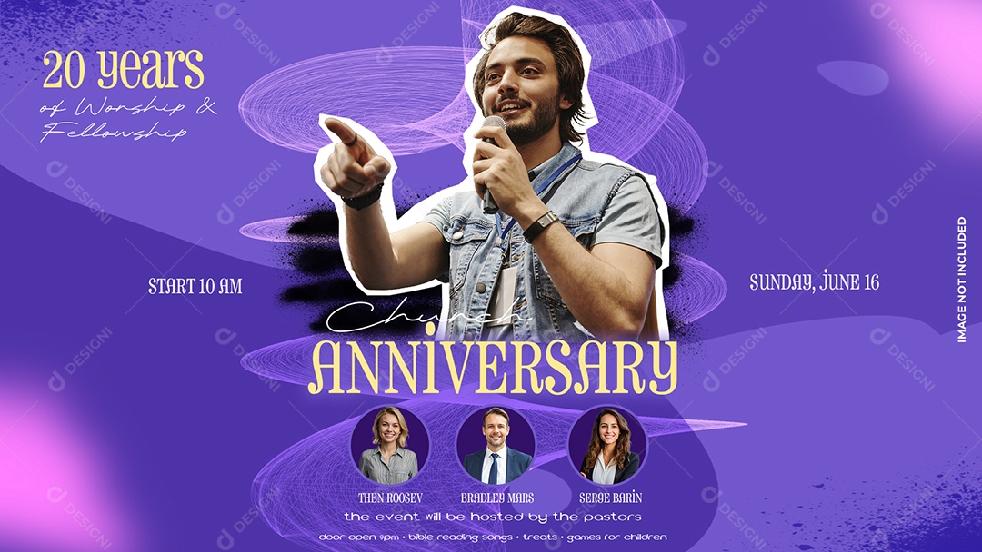Banner Religioso “Aniversário da Igreja” com Palestrante e Fundo Roxo PSD Editável