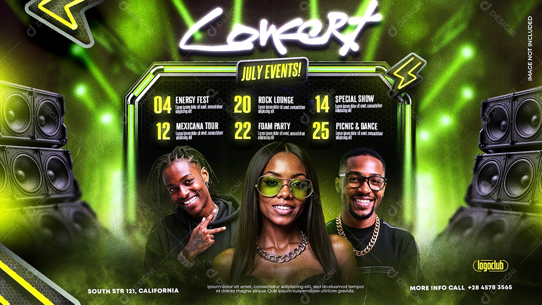 Banner de Evento “Concerto de Julho” com Cantores e Iluminação Verde PSD Editável