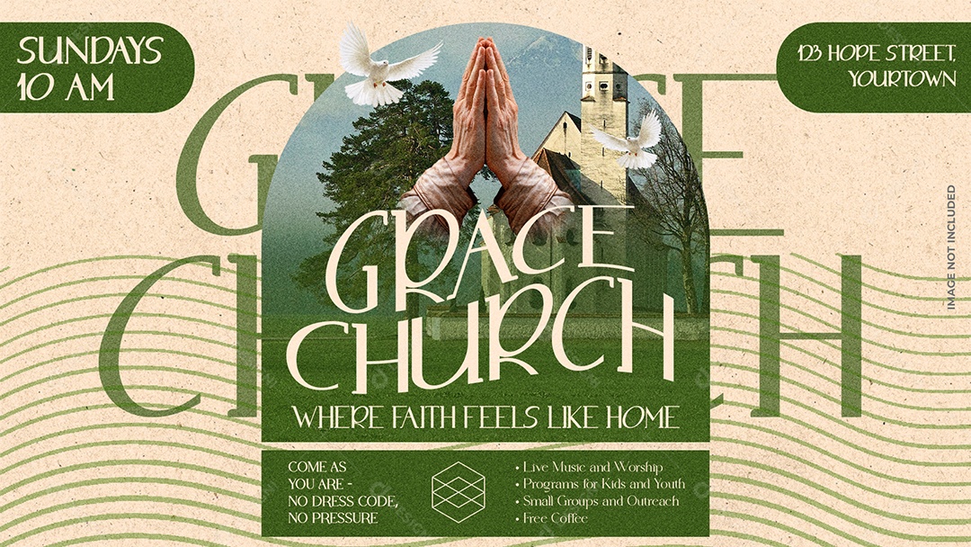 Banner de Evento Religioso “Igreja da Graça” com Fundo Natural e Pombas PSD Editável