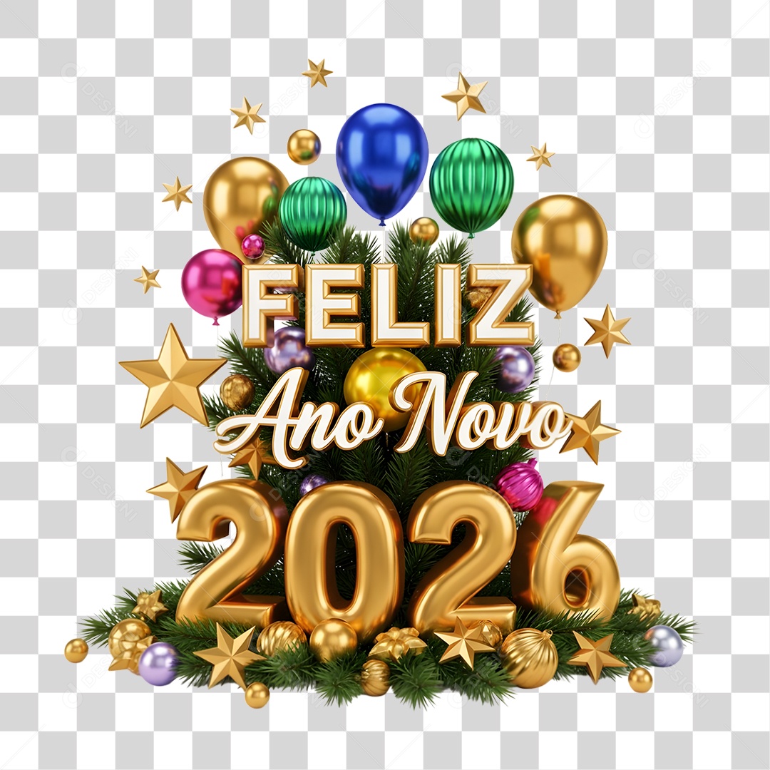 Selo 3D Feliz Ano Novo 2026 PNG Transparente