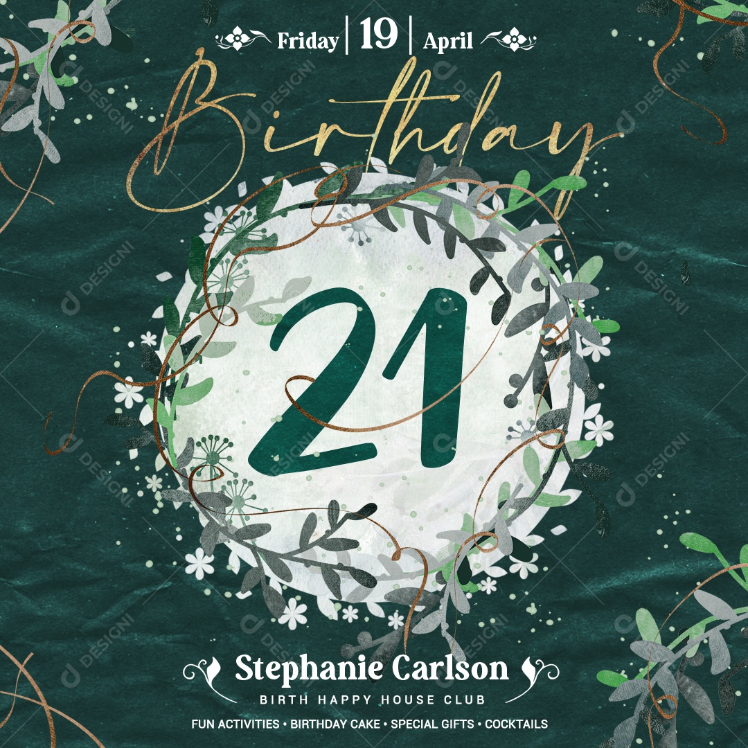 Feed Aniversário 21 Com Tema Natural E Delicado Tons Verdes E Folhagens Florais Em Moldura Elegante PSD Editável