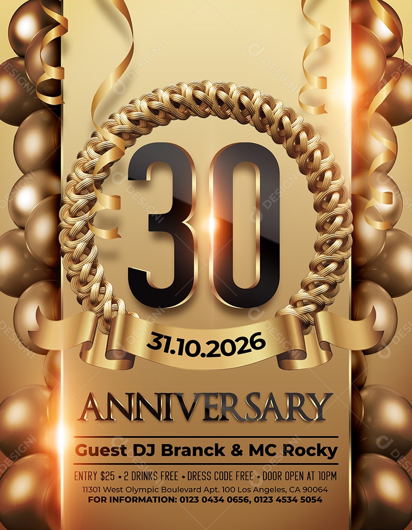 Feed Aniversário 30 Anos Com Balões Metálicos Fitas Douradas E Design Premium Social Media PSD Editável