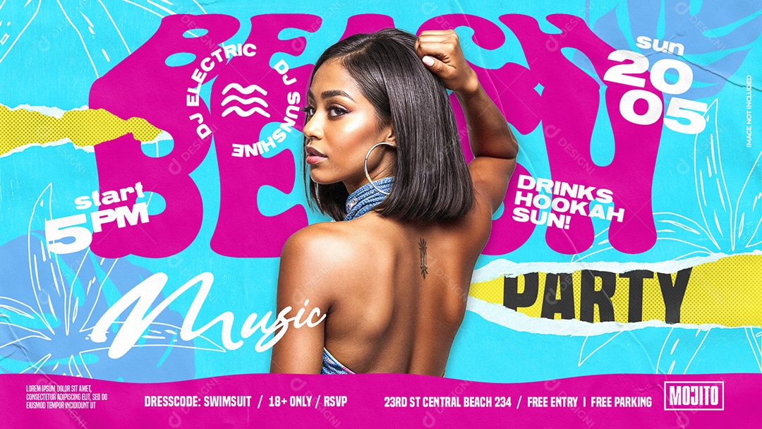 Banner Beach Party Horizontal Vibrante Com Tema Praiano Modelo Feminina E Cores Tropicais Intensas PSD Editável