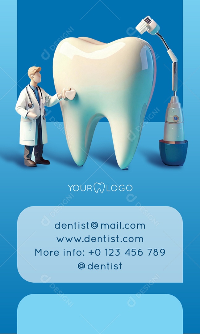 Stories Dentista Contato Com Personagem 3D e Escova Elétrica Em Fundo Azul Limpo PSD Editável