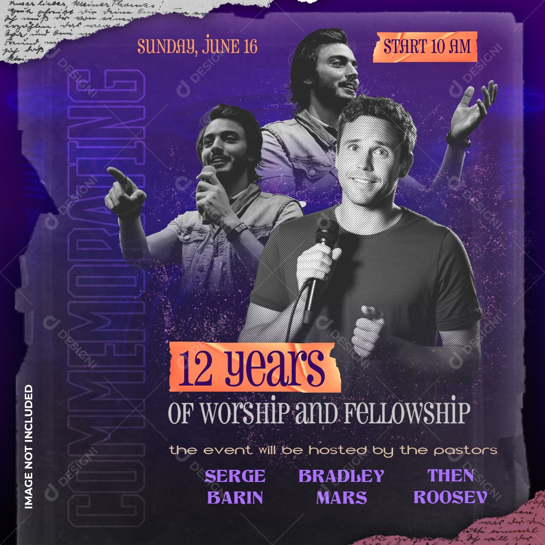 Feed 12 Years Of Worship Com Pastores Fundo Roxo E Tema De Celebração Cristã PSD Editável