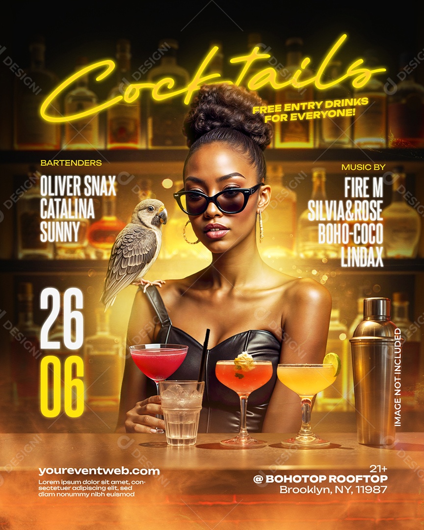 Story Coquetel Gold Drinks Com Modelo E Taças Iluminadas Arte Para Evento De Bar Luxuoso PSD Editável