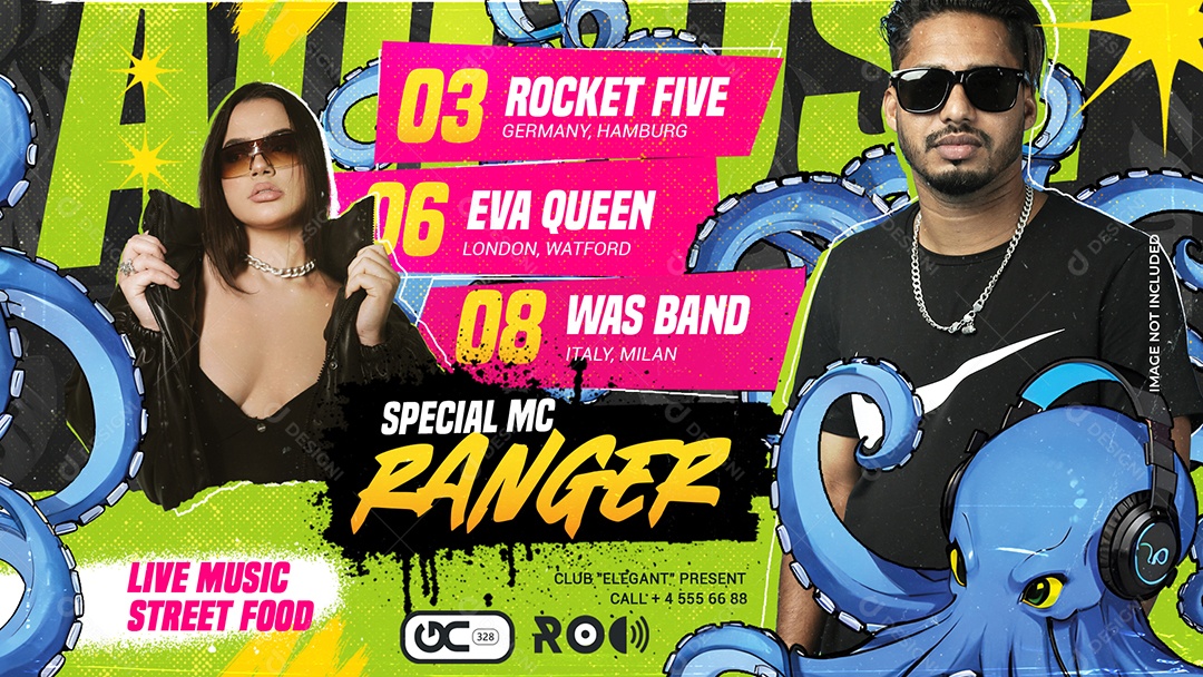 Banner Festa Ranger Colorida Com DJ E Modelo Fundo Neon Arte Jovem Para Evento Musical PSD Editável