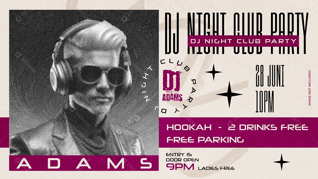 Banner DJ Night Club Party Vintage Com Efeitos Retrô Design Minimalista Para Evento Noturno PSD Editável