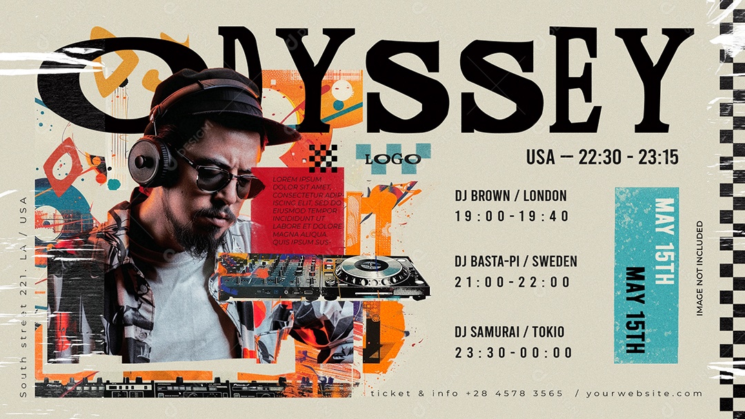 Banner Odyssey Música Underground Com DJ E Elementos Urbanos Arte Moderna Para Evento Musical PSD Editável