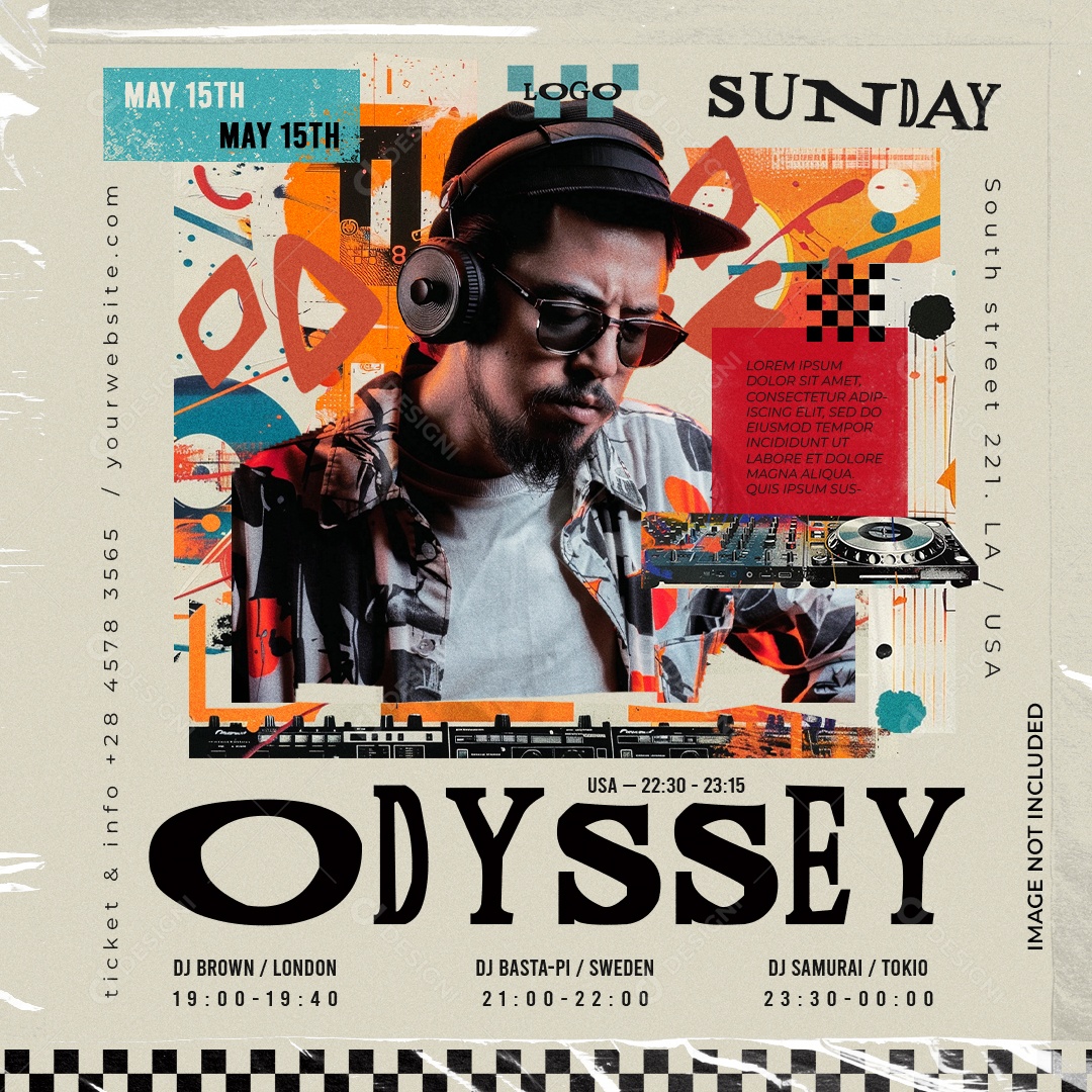 Feed Odyssey Sunday Music Com DJ E Elementos Coloridos Arte Criativa Para Evento Musical PSD Editável