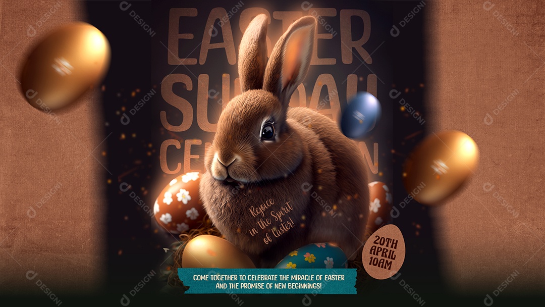 Banner Easter Sunday Bunny Luxo Com Coelho 3D Dourado Tema De Páscoa Visual Premium PSD Editável
