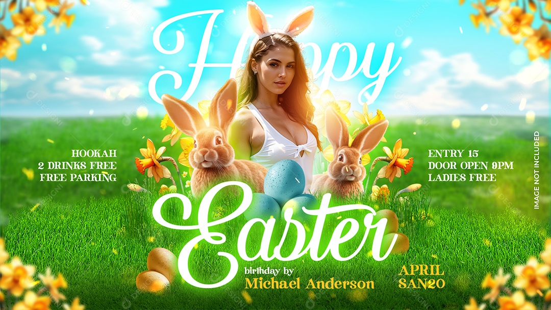 Banner Happy Easter Verde Floral Com Coelha E Ovos Coloridos Arte Suave Para Comemoração De Páscoa PSD Editável