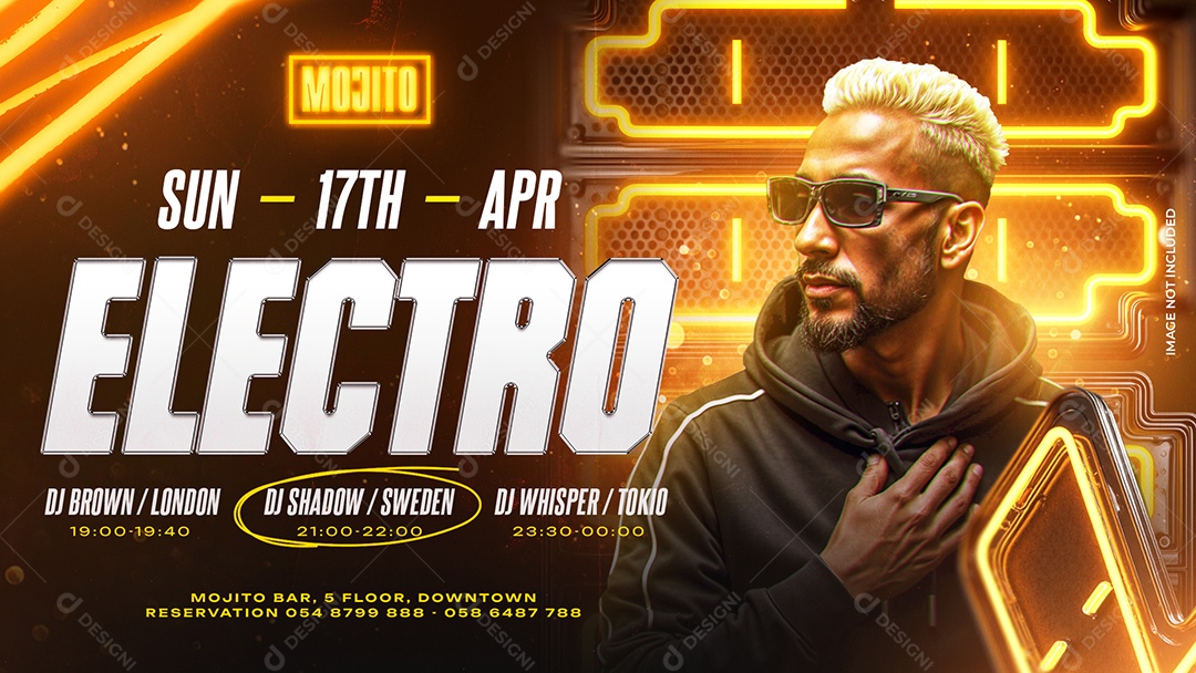 Banner Electro Party Neon Laranja Com DJ Masculino E Tipografia Futurista Para Evento Noturno PSD Editável