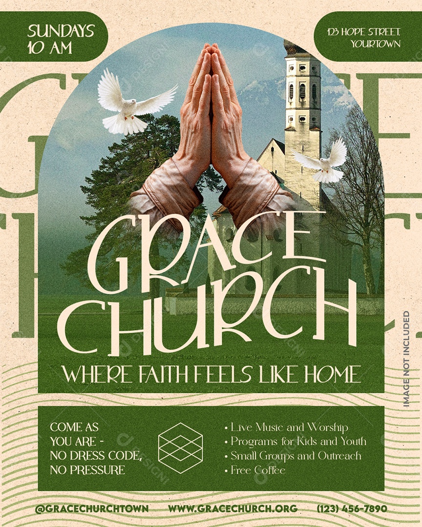 Feed Grace Church Verde Clássico Com Estilo Suave Arte Religiosa Para Divulgação De Culto PSD Editável