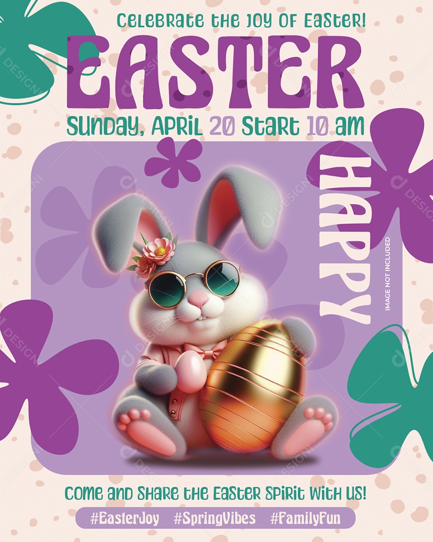 Story Easter Sunday Coelho 3D Roxo Com Elementos Florais Arte Divertida Para Páscoa PSD Editável