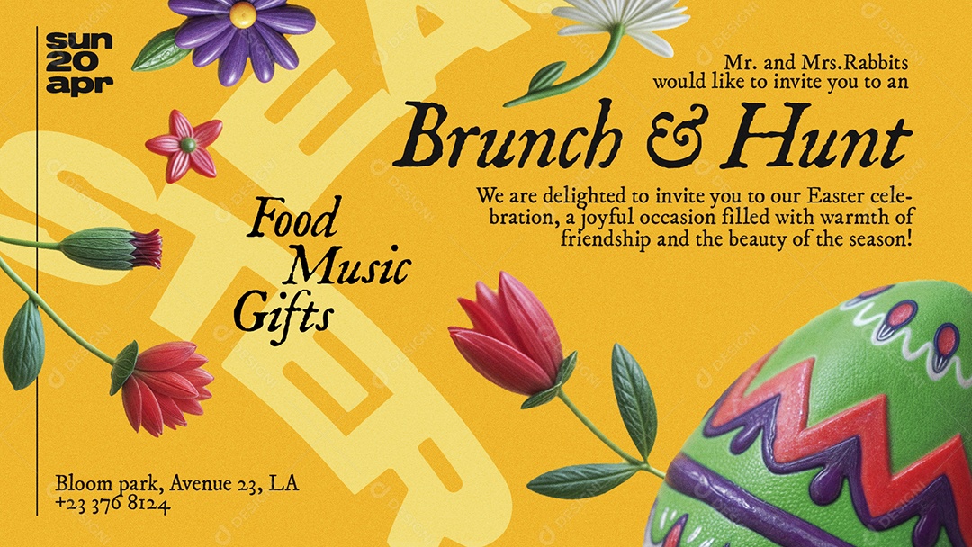 Banner Brunch And Hunt Amarelo Com Ovos Decorados Arte Alegre Para Evento De Páscoa PSD Editável