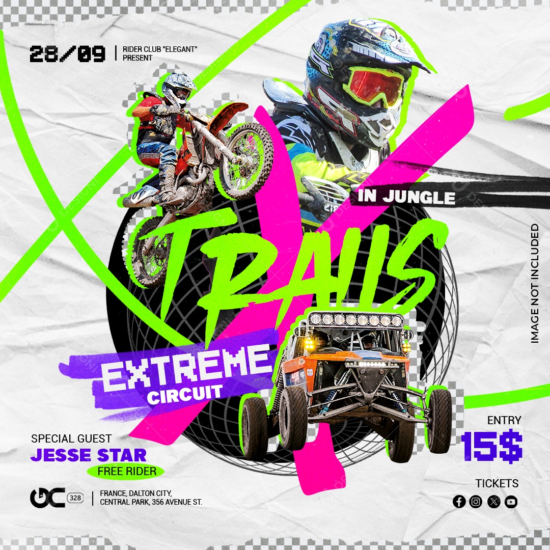 Feed Trilha Extreme Moto Neon Com Pilotos Em Ação Arte Esportiva Impactante PSD Editável
