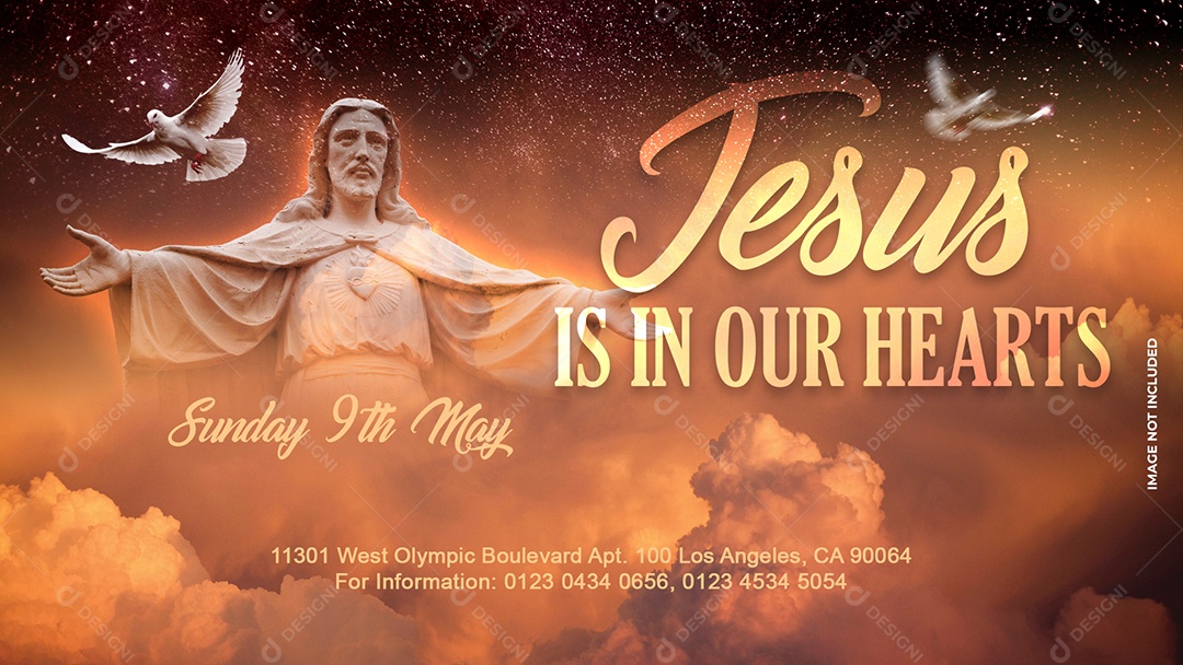 Banner Jesus Em Nossos Corações Com Estilo Celestial Arte Religiosa Em Tons Dourados PSD Editável