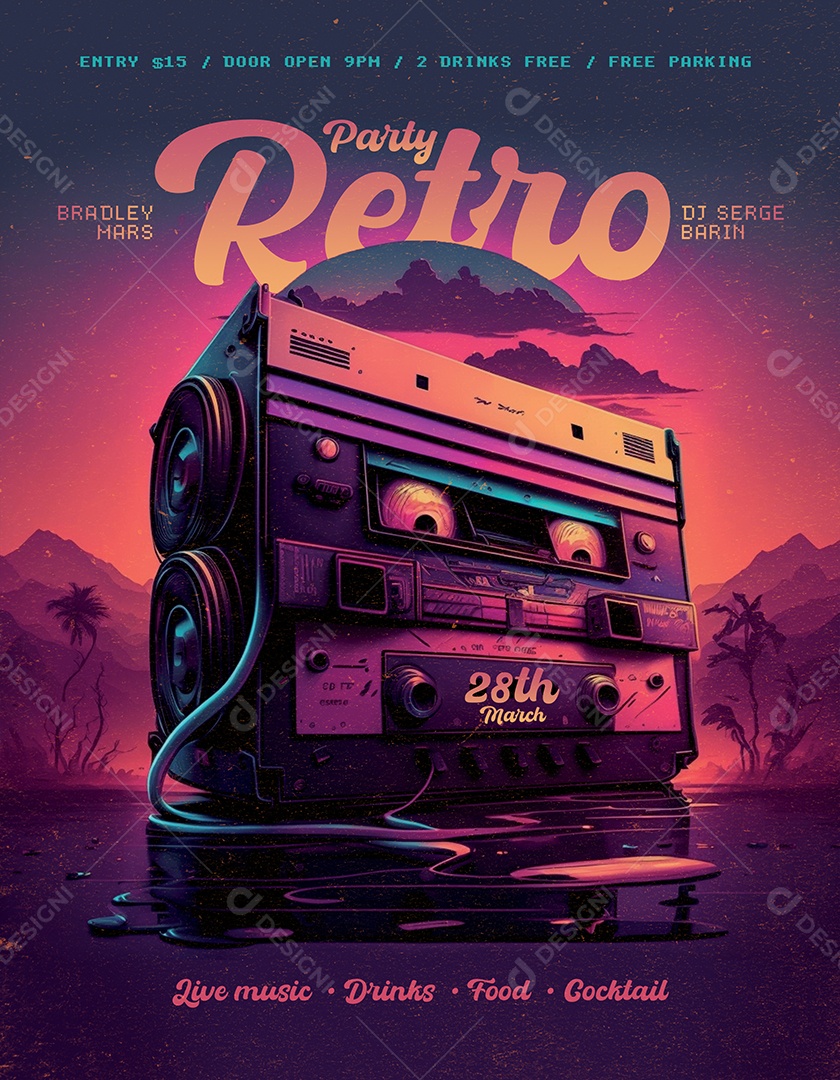 Feed Party Retro Neon Roxo Com Rádio Vintage Arte Vaporwave Moderna Para Evento Musical PSD Editável
