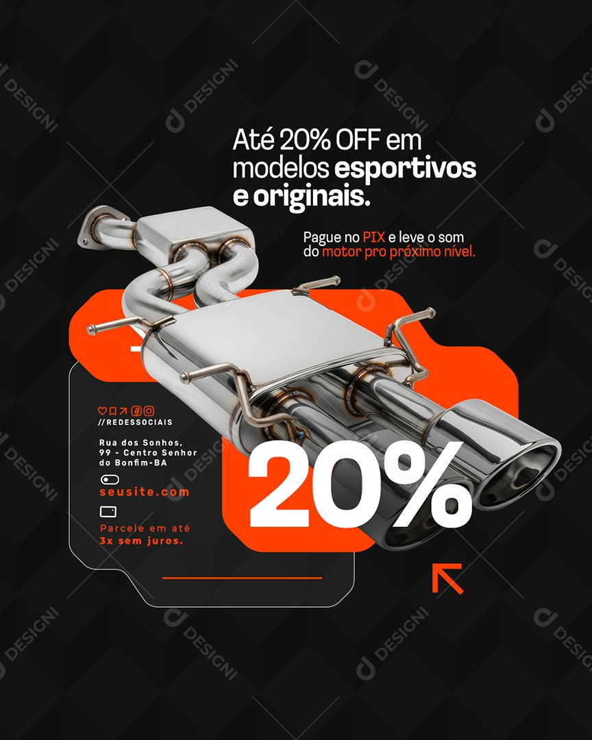 Escapamentos Até 20% Off em Modelos Esportivos e Originais Social Media PSD Editável