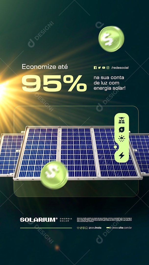 Story Energia Solar Economize Até 95% na Sua Conta de Luz Social Media PSD Editável