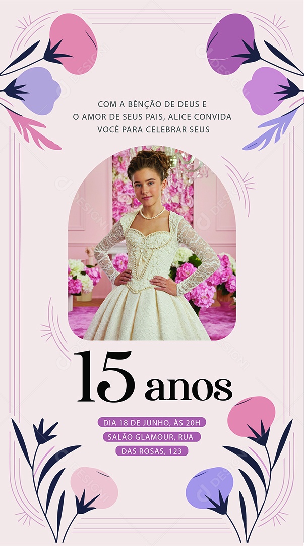 Convite de Aniversário de 15 Anos Alice Convida Você para Celebrar Seus 15 Anos Ilustração Vetor AI + EPS Editável