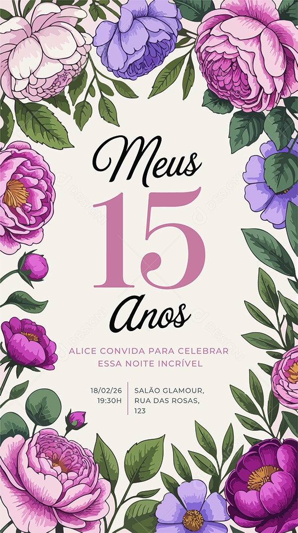 Convite de Aniversário de 15 Anos Alice Convida para Celebrar Essa Noite Incrivel Ilustração Vetor AI + EPS Editável
