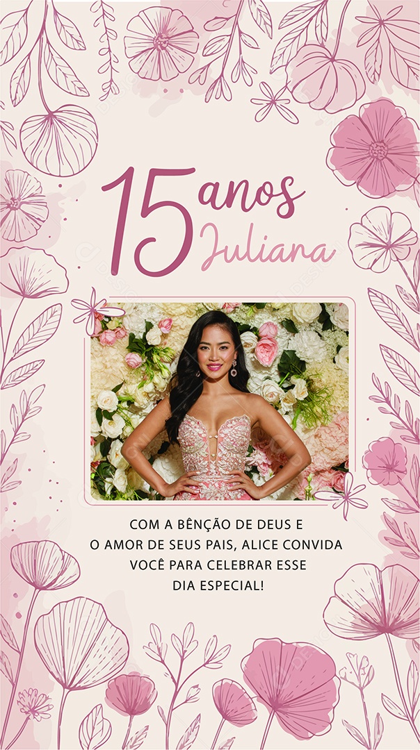 Convite de Aniversário de 15 Anos Juliana Ilustração Vetor AI + EPS Editável