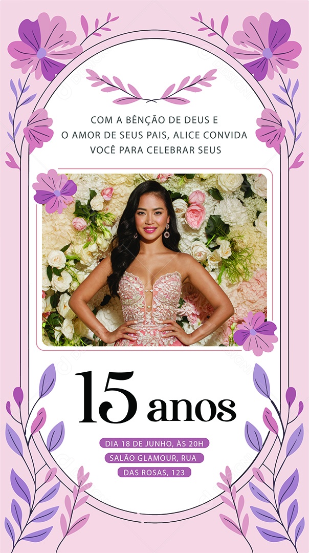 Convite de Aniversário de 15 Anos Alice Convida Você para Celebrar Seus 15 Anos Ilustração Vetor AI + EPS Editável
