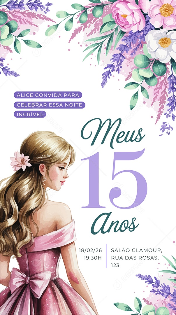 Convite de Aniversário de 15 Anos Alice Ilustração Vetor AI + EPS Editável