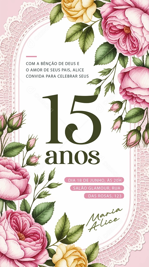 Convite de Aniversário de 15 Anos Ilustração Vetor AI + EPS Editável