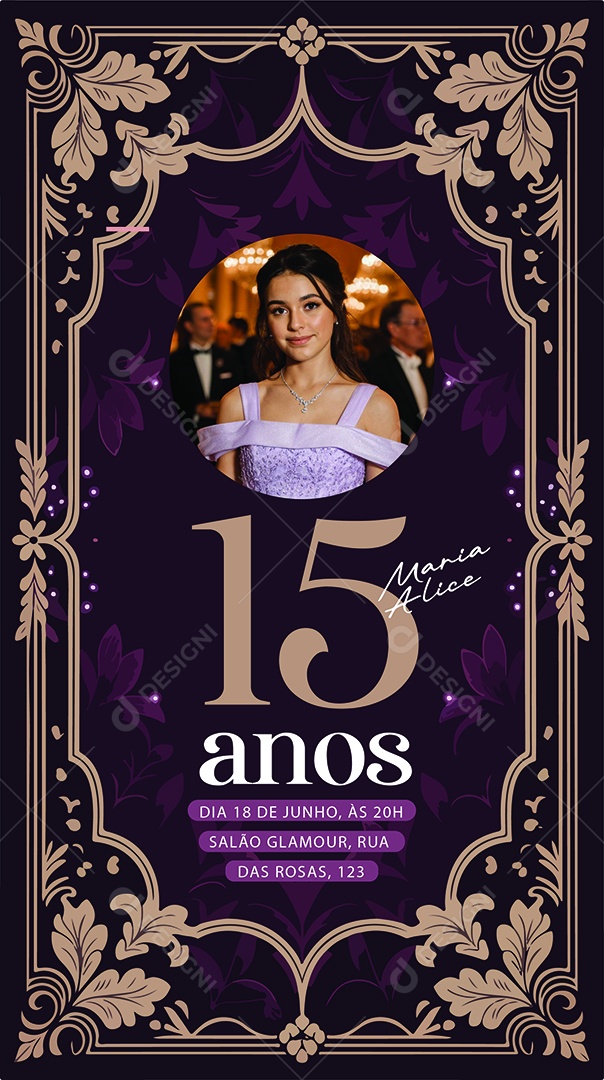 Convite de Aniversário de 15 Anos Maria Alice Ilustração Vetor AI + EPS Editável