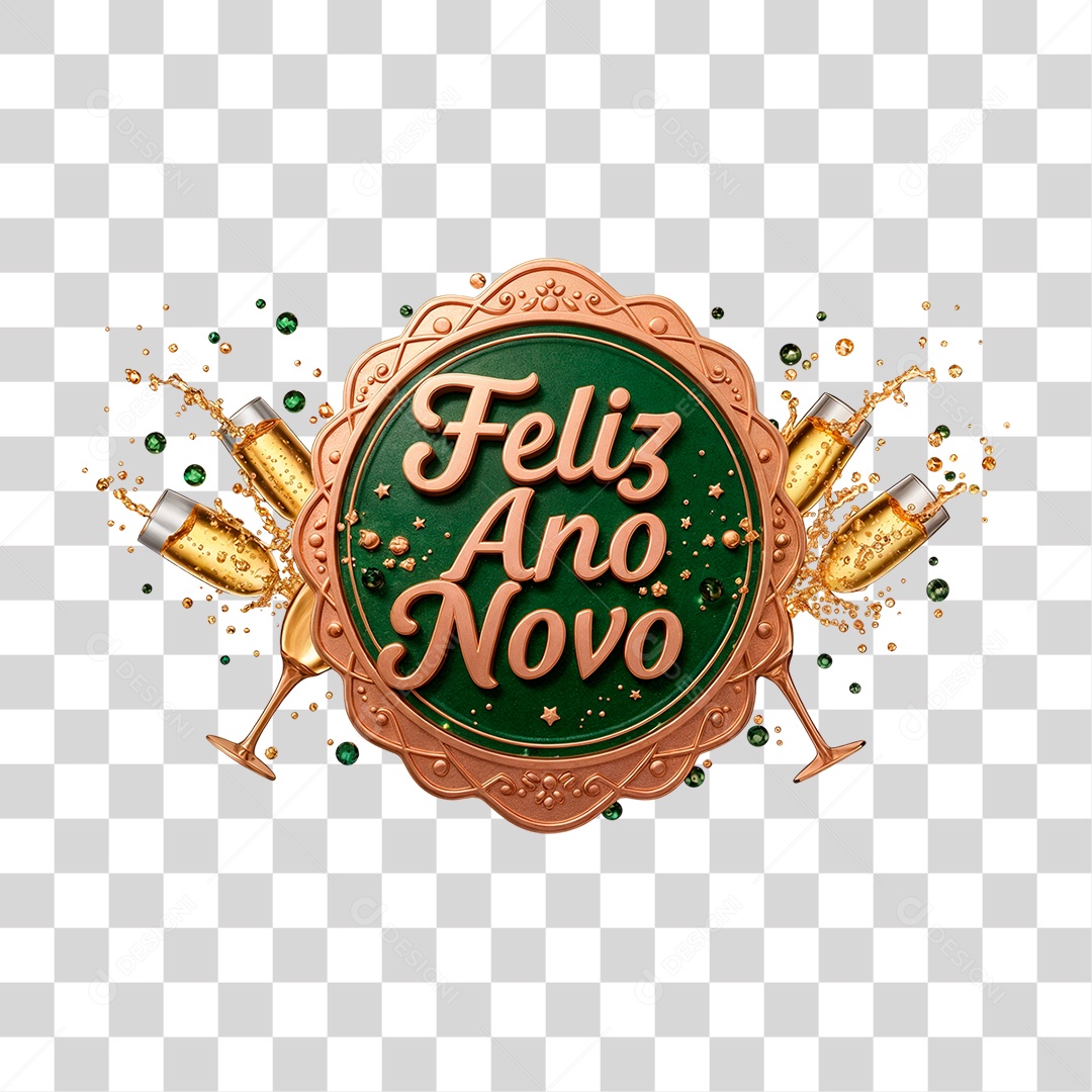 Selo 3D Feliz Ano Novo para Composição PNG Transparente