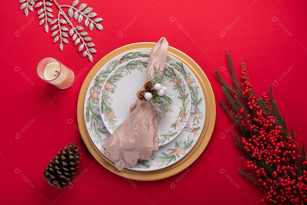 Decoração natalina festiva em fundo vermelho vibrante