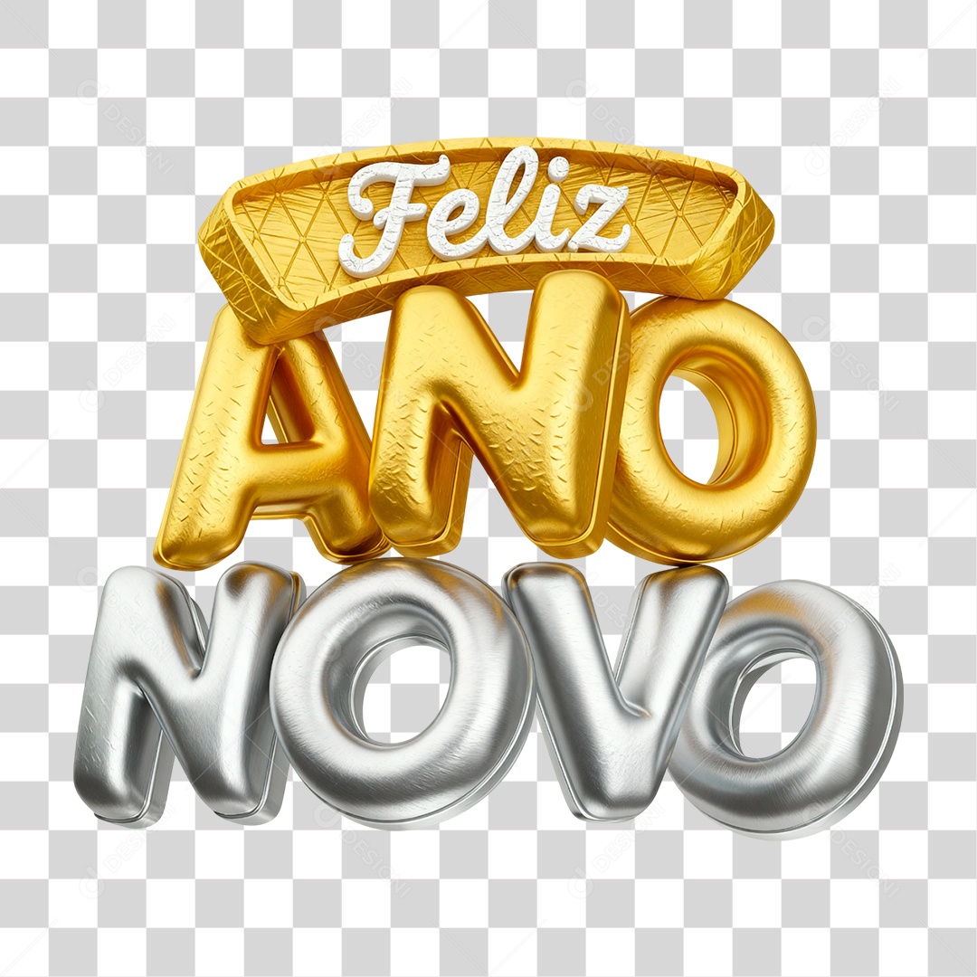Selo 3D Feliz Ano Novo para Composição PNG Transparente