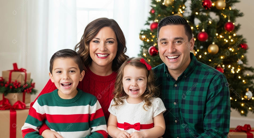 Uma família reunida em um ambiente natalino.