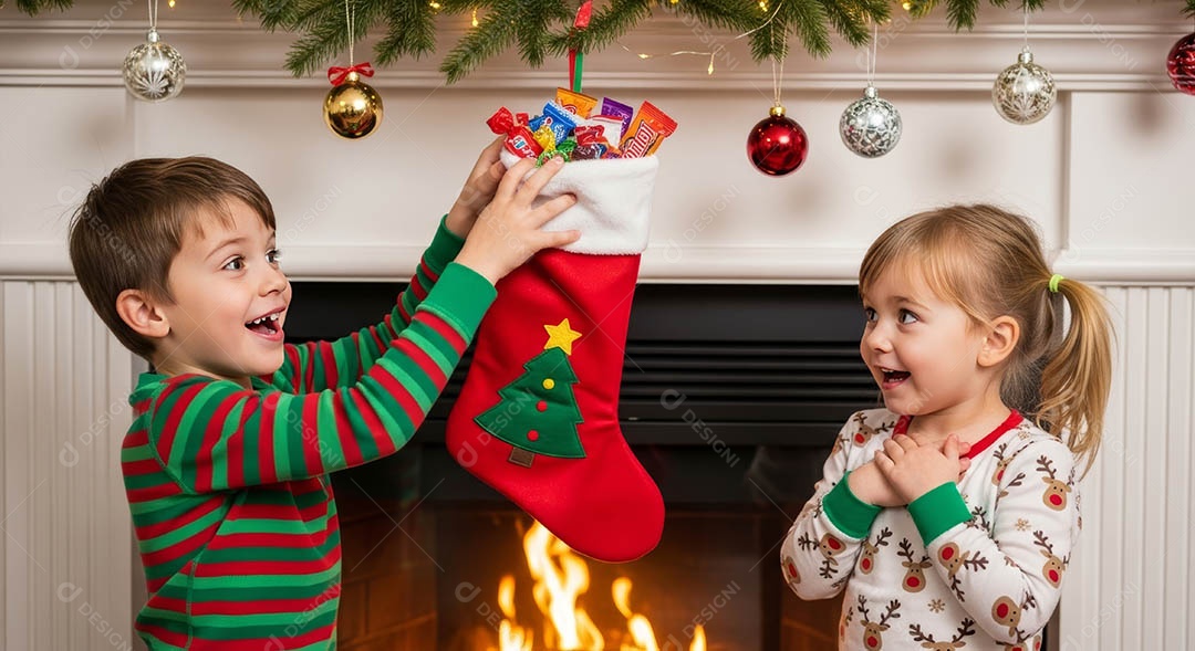Duas crianças sentadas perto de uma lareira decorada para o Natal.