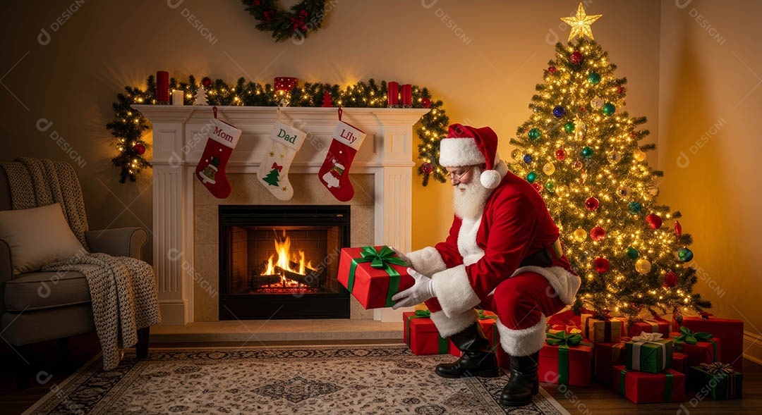 Um lindo papai noel em um ambiente natalino.