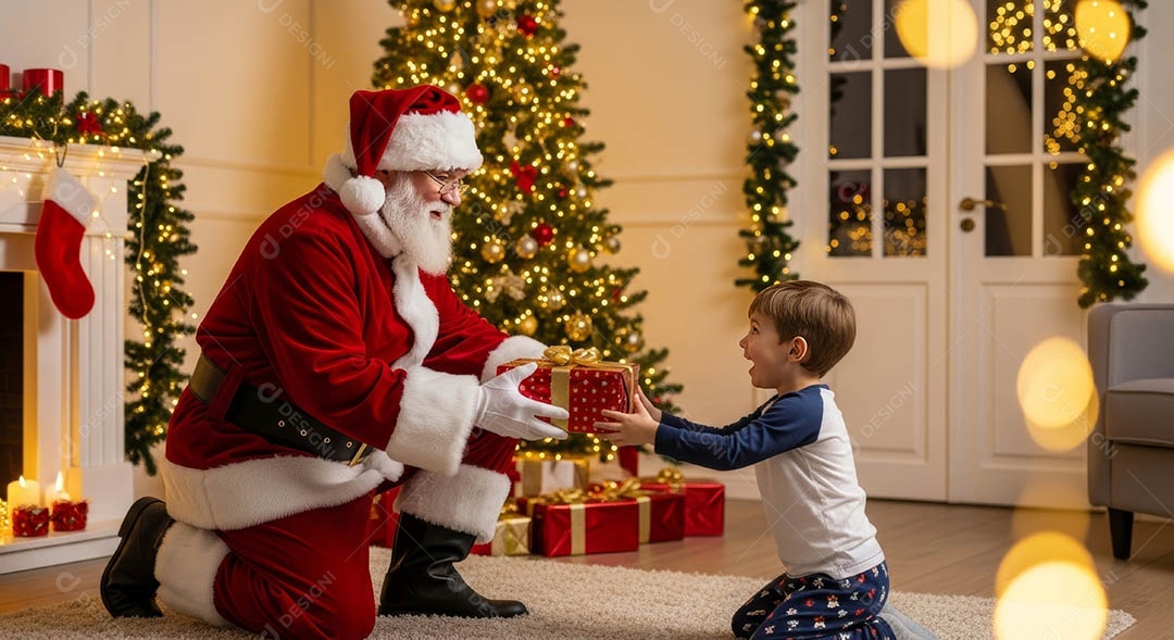 Um lindo papai noel entregando um presente para uma criança em um ambiente natalino.