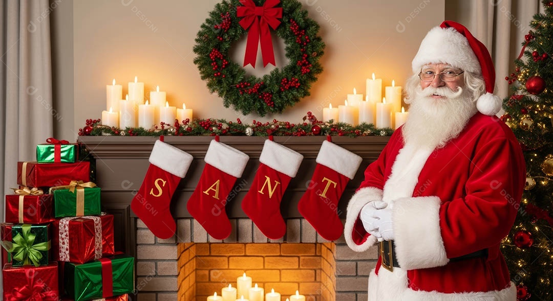 Um lindo papai noel em um ambiente natalino.