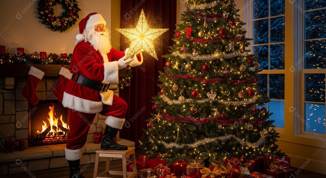 Um lindo papai noel em um ambiente natalino.
